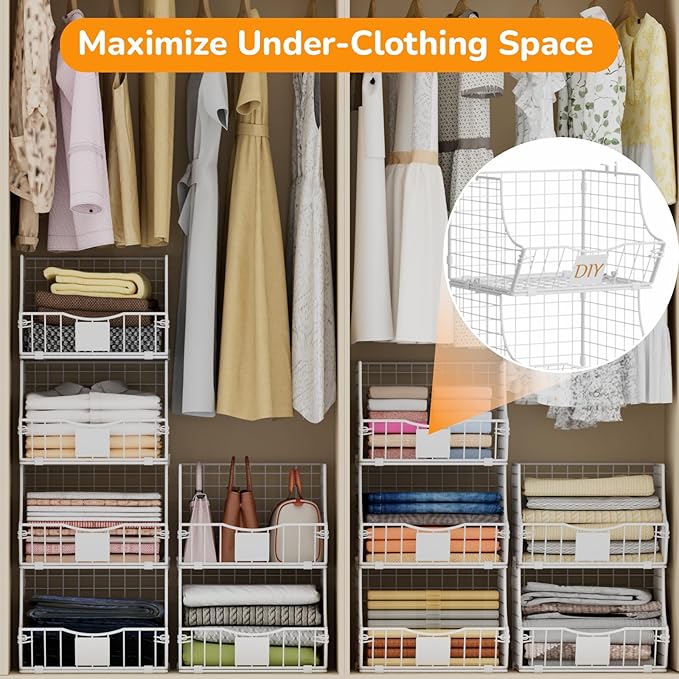 Hanging Closet Organizers and Storage, 3 Tier Closet Shelf Clothes Organizer with 2 S-Hooks, Multi-Functional Iron Wire Baskets, for Clothing, Sweaters, Handbags, Hat, Canned