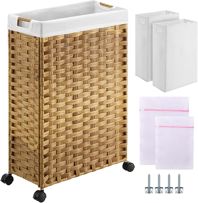 Greenstell Laundry Hamper with Wheels, 11.9 Gallon (45L) Small Clothes Hamper with 2 Removable Liner Bags & 2 Mesh Bags, Slim Rattan Laundry Basket for Bathroom, Bedroom, Natural