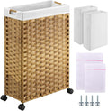 Greenstell Laundry Hamper with Wheels, 11.9 Gallon (45L) Small Clothes Hamper with 2 Removable Liner Bags & 2 Mesh Bags, Slim Rattan Laundry Basket for Bathroom, Bedroom, Natural