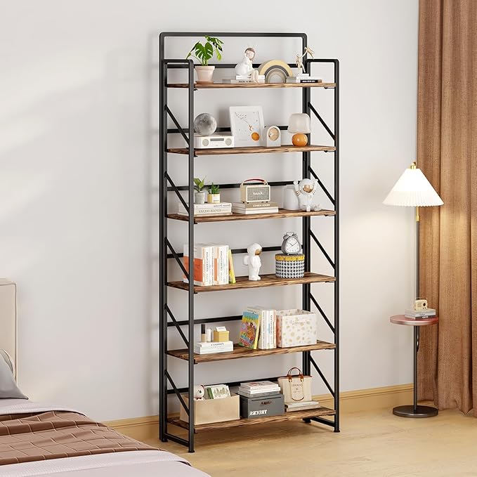 JSB Folding Bookshelf,Industrial Storage Shelves, No Assembly Vintage Wood Look Bookshelf with Storage Shelves for Living Room, Bedroom, Office (Fire Brown, Wide 6-Tier)