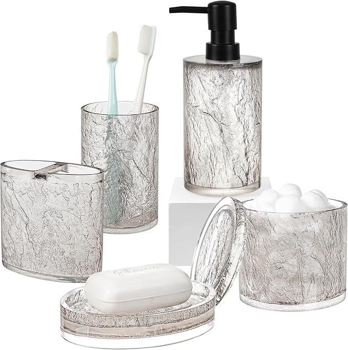 Modern Luxe Bathroom Accessories Set 5 Pcs Resin Bathroom Accessory Set Soap Dispenser Toothbrush Holder Tumbler Soap Dish Cotton Swab Jar Easy to Clean Crackle Pattern Translucent Black