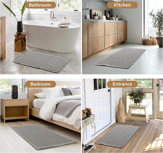 JIUZHEN Set of 2 Waffle Bath Mats Non Slip Waffle Bathroom Runner Rug Washable Boho Runner Bath Rugs Super Absorbent Shower Mat for Bathroom Kitchen Hallway Laundry, 16" x 24" +24" x 60", Grey