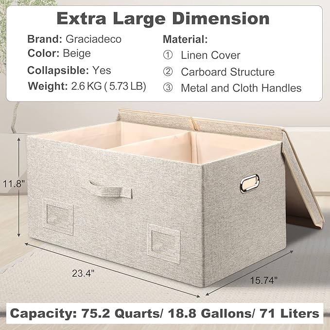 Graciadeco 75 Quarts Extra Large Decorative Storage Bins with Lids, 3 Packs Beige Collapsible Storage Bins with Lids, Stackable Storage Bins Decorative Box Storage With Lid Extra Large