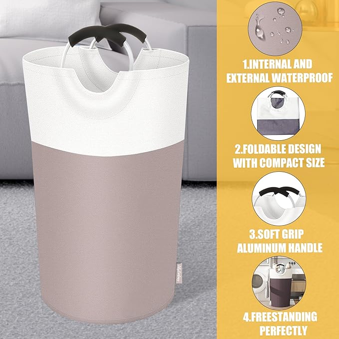 100L Laundry Basket, Collapsible Laundry Hamper with Padded Handles, Waterproof Laundry Bag, Tall Clothes Hamper Stand Up Well, Foldable Laundry Baskets for Easy Storage(Khaki)