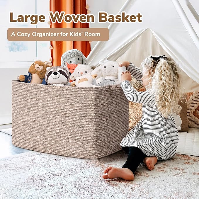 Goodpick 105L Large Woven Storage Basket, Rectangle Cotton Rope Basket for Blankets, Clothes, Oversized Toy Storage Organizer for Living Room, Nursery, 25"x16"x16", Brown