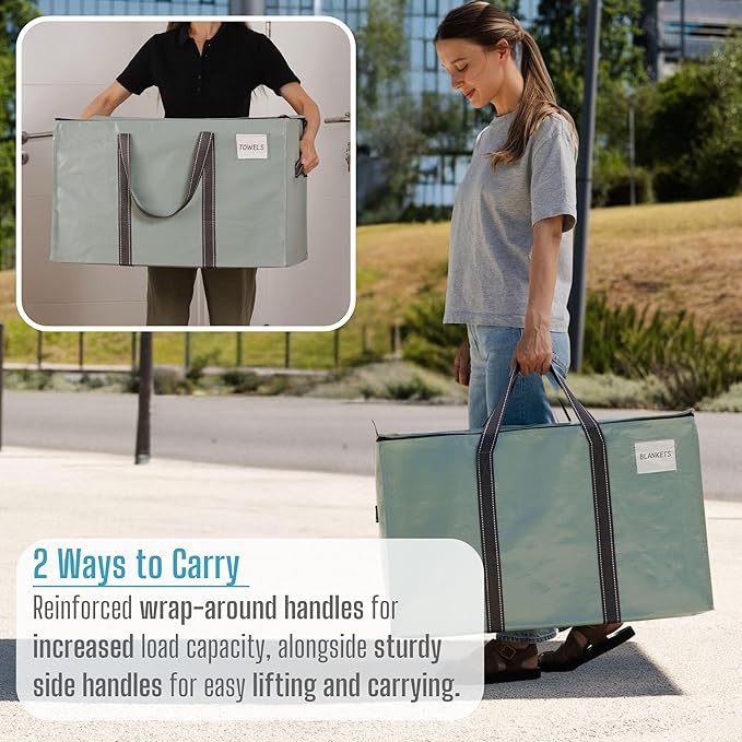 VENO 8 Pack Moving Bags and Large Christmas Storage Bins with lids. Alternative to Moving Boxes, Packing Supplies for College. Extra Large Heavy Duty Totes for Packaging (Shiny Light Green, 8 Pack)