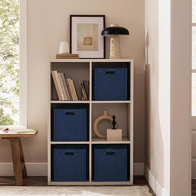 UBBCARE 3 Pack Wicker Basket, 11L×11H×10.5W inch Woven Paper Rope Storage Baskets for shelves, Foldable Cube Storage bin with Handle, Storage Basket for Organizing & Decor, Navy Blue