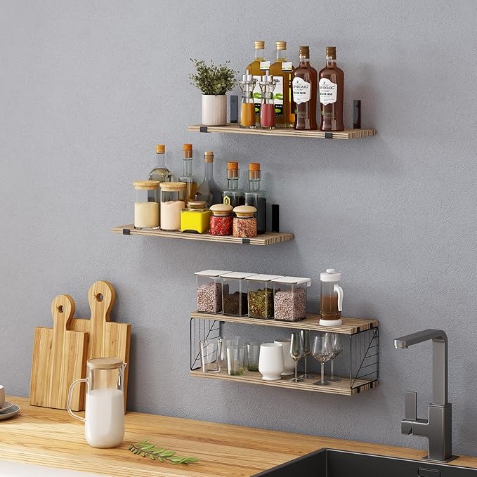 Fixwal 3+1 Tier Bathroom Floating Shelves Over Toilet, 15.8in Farmhouse Rustic Wood Shelves, Wall Decor for Bathroom, Living Room,Bedroom and Kitchen (Rustic Brown)