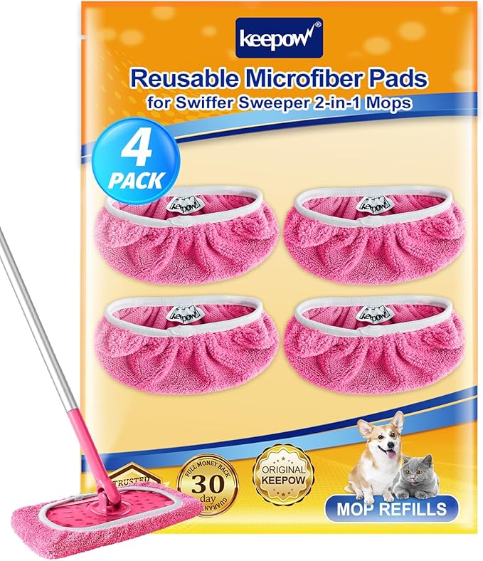 KEEPOW 4 Pack Reusable Mop Pads Compatible with Swiffer Sweeper, Microfiber Washable Swiffer Mop Pads, Dry & Wet Sweeping Mopping Cloths (Pink)