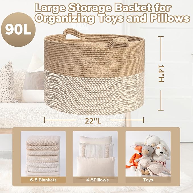 Goodpick Large Woven Storage Basket 21.7x13.8 Inch, White & Jute Laundry Hamper with Handles for Clothes, Blankets, Pillows, Blanket Basket for Living Room, Bedroom