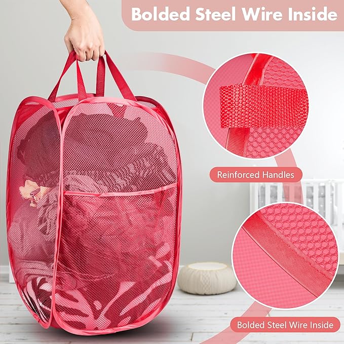 DUCOO Pop Up Hamper, 1 PCS Mesh Pop Up Laundry Hamper, Foldable Mesh Laundry Basket with Space-Saving Design for Home, Dorm, Travel & Storage - Red