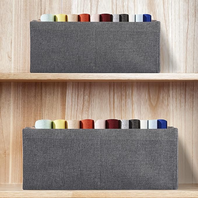 Fabric Storage Bin Box Foldable Cotton Linen Storage Basket with Wooden Handles Rectangular Cube Decorative Home Laundry Organizer Clothes Blanket Container - Grey, Small