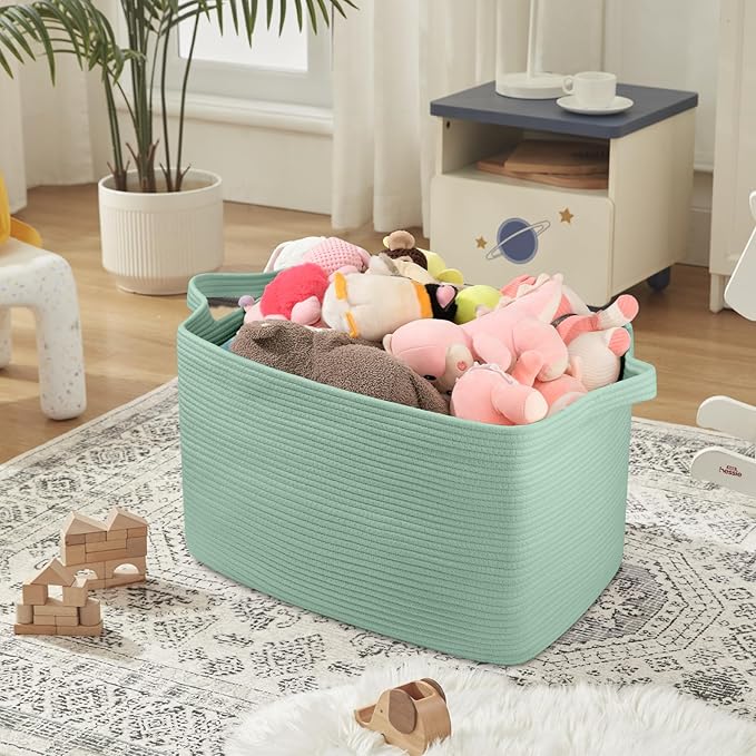 95L Extra Large Blanket Basket, 24" x 16.9" x 14.2" Woven Storage Basket for Living Room, Rectangle Nursery Blanket Storage for Toys, Towels, Dirty Clothes (Green)