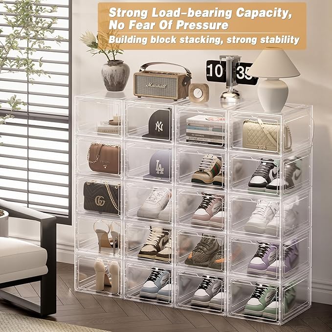 Clear Shoe Storage Boxes Stackable – Acrylic Shoe Box Organizer with Drop Front, Thicken & Sturdy Shoe Boxes for Kids Shoe Storage, Assemble Shoe Drawer Organizer, 5 Pack