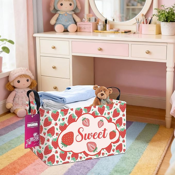 Rectangular Storage Basket Fabric Organizer Bin for Toys,Books,Clothes,Gifts,Pets-Perfect for Home,Office,Nursery,Dorm,Shelf(Rec-strawberry)
