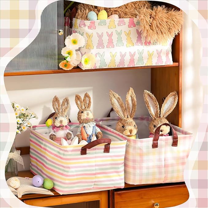 Boao 3 Pcs Easter Storage Bin Rectangular Bunny Basket Box with Handle Collapsible Large Storage Baskets Foldable Rabbit Box for Easter Party Decoration