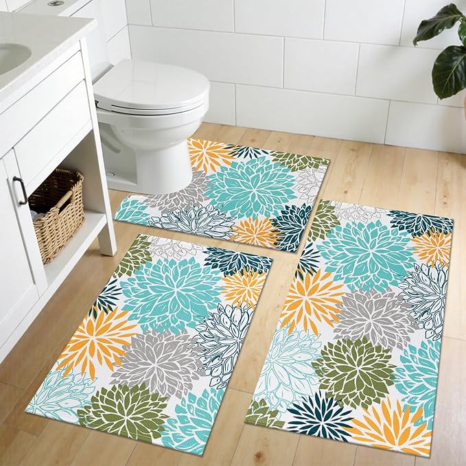 Vaukki Bathroom Rug Set 3 Piece, Non Slip Absorbent Rubber Backed Floral Bath Floor Mat Fit Under Door, Ultra Thin Quick Drying Bath Rug for Shower, Tub and Toilet, 17"x26"+17"x32"+17"x24"U, Teal