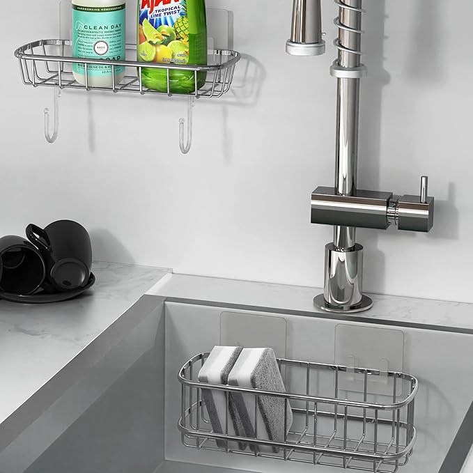 Simple Houseware Bathroom Adhesive Wall Mount Standard Shower Caddy w/Hooks, Chrome, 2 Pack