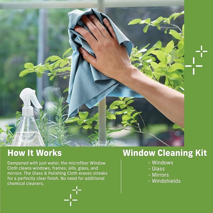 E-Cloth 3-Pack Window Cleaning Cloth - Streak-Free Glass & Mirror Cleaning Kit with Just Water, Glass Cleaning Cloth, Microfiber Towel Kit for Windows, Car Windshield, Mirrors - Alaskan Blue
