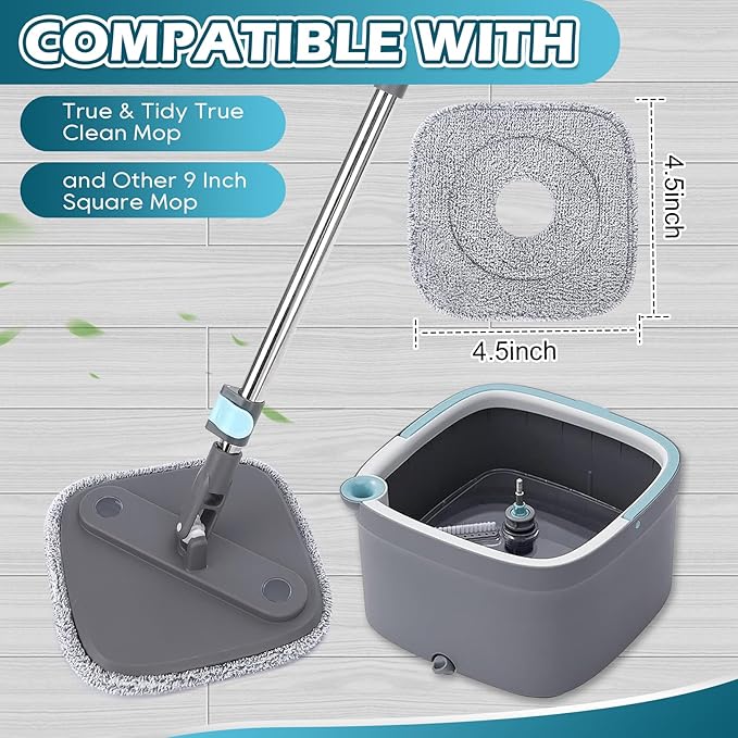 Square Microfiber Mop Pads Compatible with True & Tidy True Spin Mop - Mop Replacement Pads for Square Spin Mop and Bucket - Washable Pads fit for All 9 Inch Square Spin Mop (4 Pack)