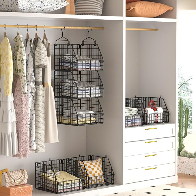 Larger & Deeper Hanging Storage Basket, Closet Organizers and Storage, Hanging Shelves Wire Baskets for Clothing Sweaters Purse Handbags Shoes Black 3 Tier