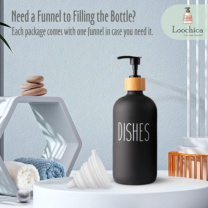 Black Glass Kitchen Soap Dispenser, Detergent Dispenser or Dish Soap Dispenser for Kitchen Sink, Black Soap Dispenser, Modern Farmhouse Decor Dish Soap Pump for Kitchen Organization