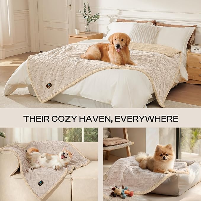 Luciphia Waterproof Pet Blanket, Liquid Pee Proof Dog Blankets for Sofa Bed Couch, Reversible Sherpa Fleece Furniture Protector Cover for Small Medium Large Dogs Cats,Beige-Thicken Medium（57" x 40"）