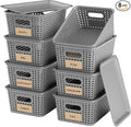 8-Pack Grey Plastic Storage Baskets with Lids, Label Organizers, Stackable Organizer Containers: For Organizing Shelves, Drawers, Desk Closets, Playrooms, Classrooms, Offices