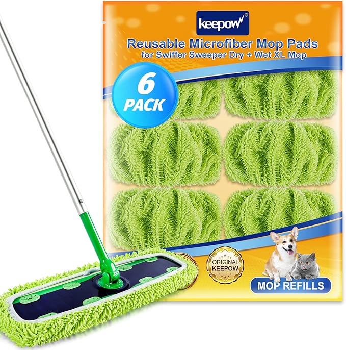 KEEPOW XL Dry Sweeping/Wet Mopping Cloths for Swiffer XL Sweeper, Reusable & Washable Microfiber Mop Pad Refills for Surface/Hardwood Floor Cleaning, 6 Pack