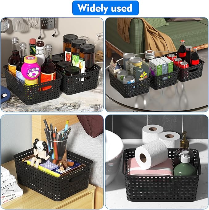 6 Packs Plastic Woven Baskets, Small Plastic Storage Basket, Black