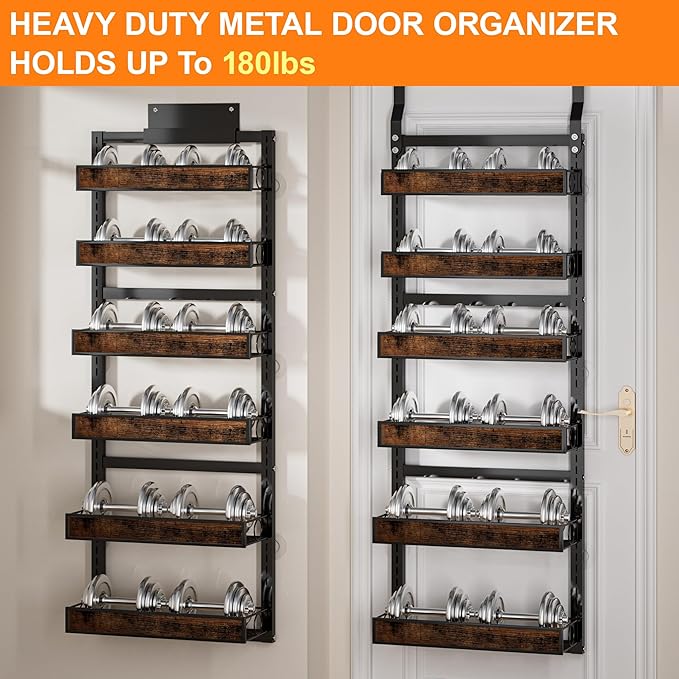 6 Tier Over The Door Pantry Orangizer 2 IN 1 Wall Mounted or Hanging Spice Rack with Adjustable Wood Basket,Heavy Duty Seasoning Storage Shelf for Kitchen Pantry and Bathroom