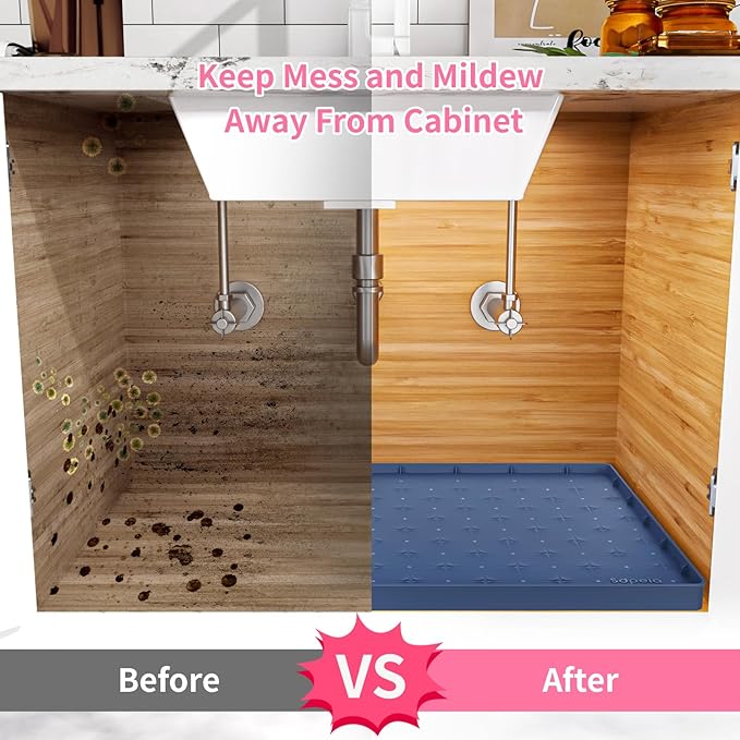 Sdpeia Under Sink Mat 22"×14" Waterproof Silicone Cabinet Liner & Sink Protector for Kitchen & Bathroom, Multi-Purpose Organizers Tray for Pets, Laundry, Cat Litter Mat