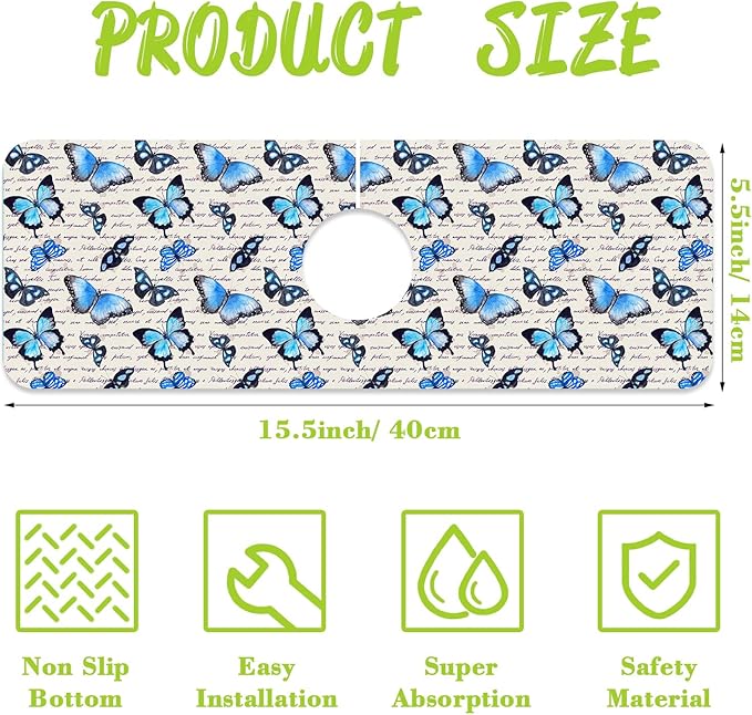 Sink Splash Guard Faucet Mat Watercolor Butterflies Absorbent Fast Drying Mat Sink Gadgets Splash Guard Behind Faucet Drip Catcher for Kitchen Bathroom 15.5"X5.5"