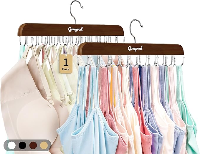 Bra Hanger for Closet, 1 Pack Tank Top Hanger w/20 Hooks Capacity Foldable Wood Space Saving Hangers, 360°Rotating Closet Organizers and Storage for Dorm & Apartment for Bra Scarf Ties(Brown)