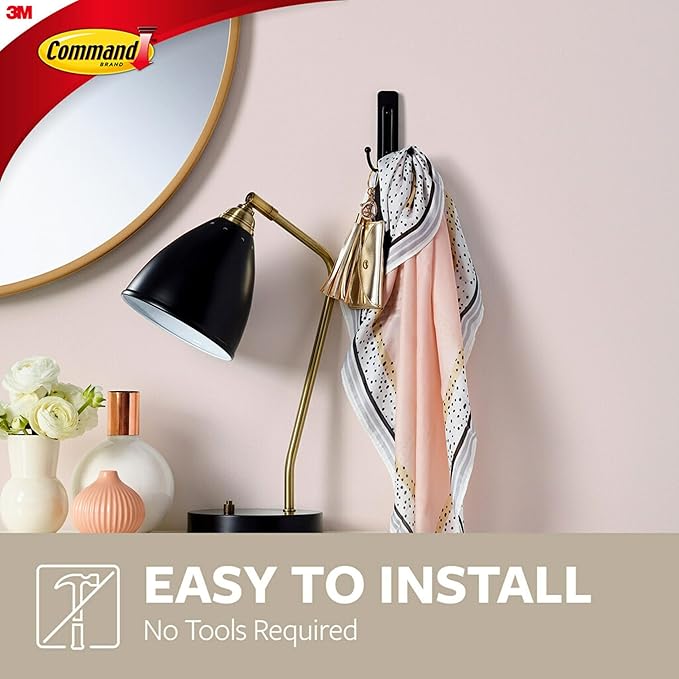 Command Large Matte Black Double Hooks, 2 Hooks and 2 Strips, Damage Free Hanging Wall Hooks with Adhesive Strips, No Tools Coat Hooks for Hanging Home Decor, Holds up to 4 lb