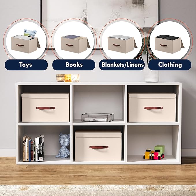 Ornavo Home 6 Pack Collapsible Storage Bins with Lid, Foldable Linen Fabric Shelf Storage Basket Closet Organizer and Large Storage Box for Clothes with Leather Handles, 15 x 10 x 9, Beige