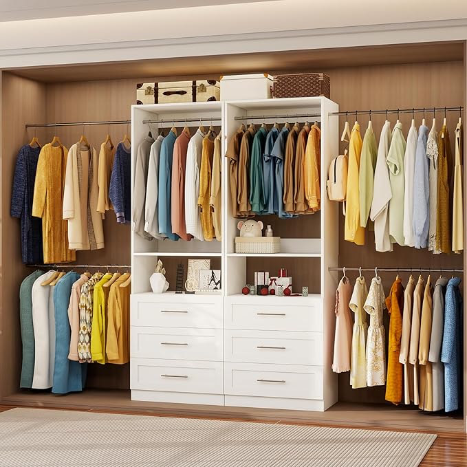 Closet System of 2 Set, 4-18FT Closet Organizer System with 10 Hanging Rods & 6 Wood Drawer & Adjustable Shelves, Walk in Closet Storage System, Free Standing Closet System, White