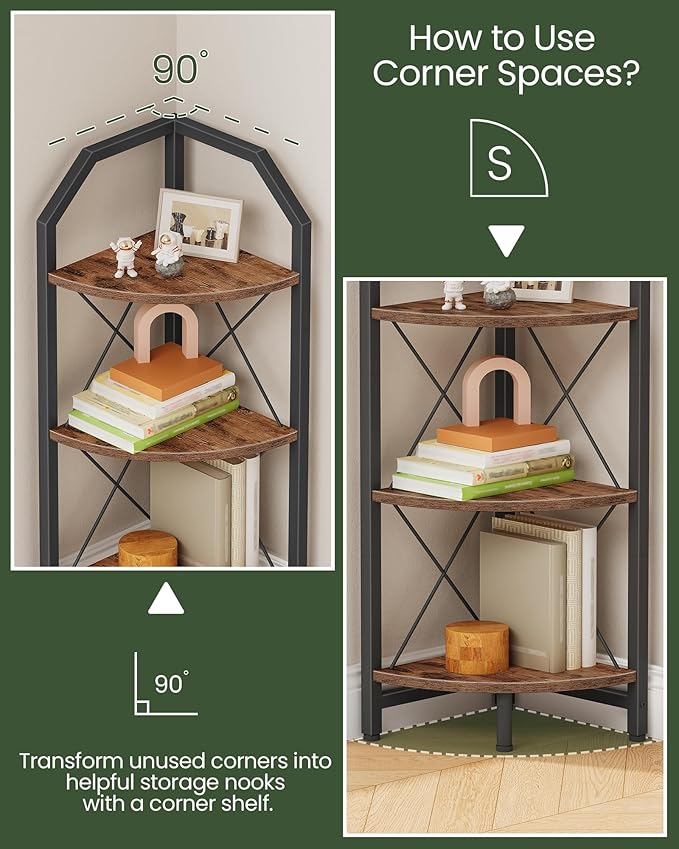 3-Tier Corner Shelf, Industrial Corner Bookshelf, 35.4" Storage Stand, Plant Stand Display Shelf, Bookcase for Bedroom, Living Room, Home Office, Rustic Brown and Black TCJ03BF