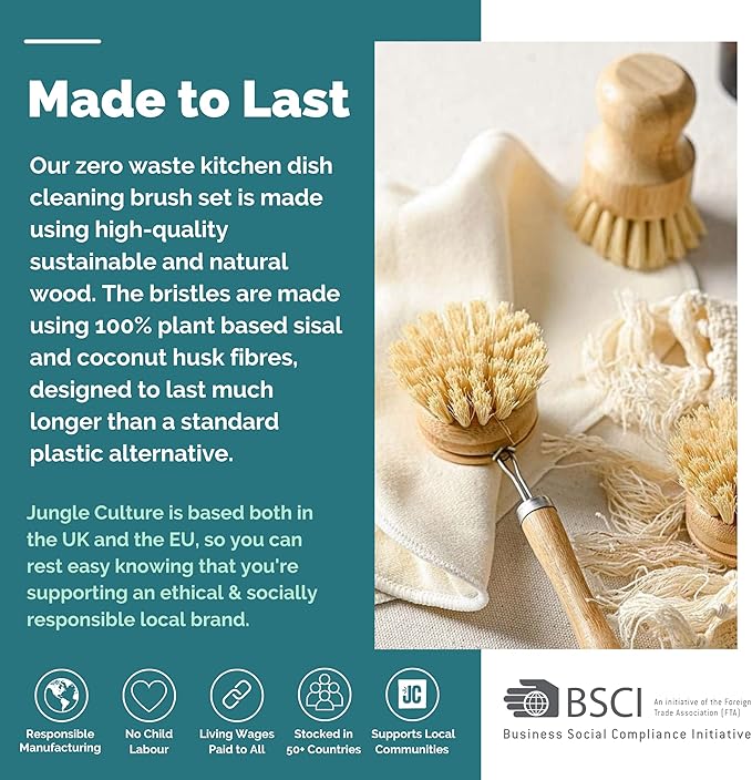 Jungle Culture® 6 Pack Bamboo Dish Brush Set for Washing Up • Natural Wooden Dish Brushes for Pans & Dishes • Eco Friendly Dish Scrubber for Bottles, Pots & Vegetables • Non Toxic & Plastic Free