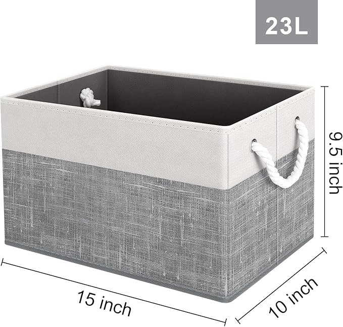 Fab totes Storage Bins [2-Pack], Foldable Storage Baskets for Organizing Toys, Books, Shelves, Closet, Large Storage Box with Rope Handles, Sturdy Organizer Bins, White & Grey