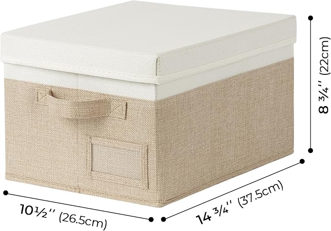 GRANNY SAYS Storage Basket with Lid, Linen Fabric Storage Bins with Label, Decorative Storage Boxes, Clothes Storage and Organization, Memory Keepsake Box, 3-Pack, Khaki&Ivory