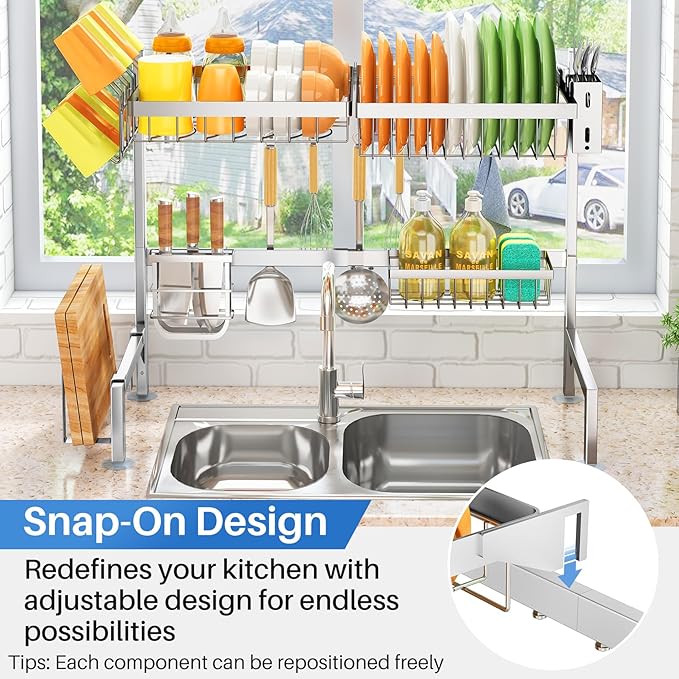 Over The Sink Dish Drying Rack - Adjustable Dish Rack for Kitchen Counter,Metal (Silver)