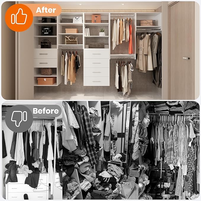 ROOMTEC Modular Closet System, 46" Wall-Mounted Closet Organizer with Hanging Rods, Wooden Tower for Walk-In Closets, Wardrobe Storage Kit, White