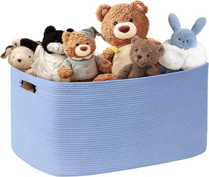 45L Small Baby Girls Laundry Basket for Nursery Storage,Cute Woven cotton Rope Baskets for Kids Toy，Gifts, Boho Square Wicker Blanket hamper for Living Room,Bedroom Dirty Clothes,Blue Purple
