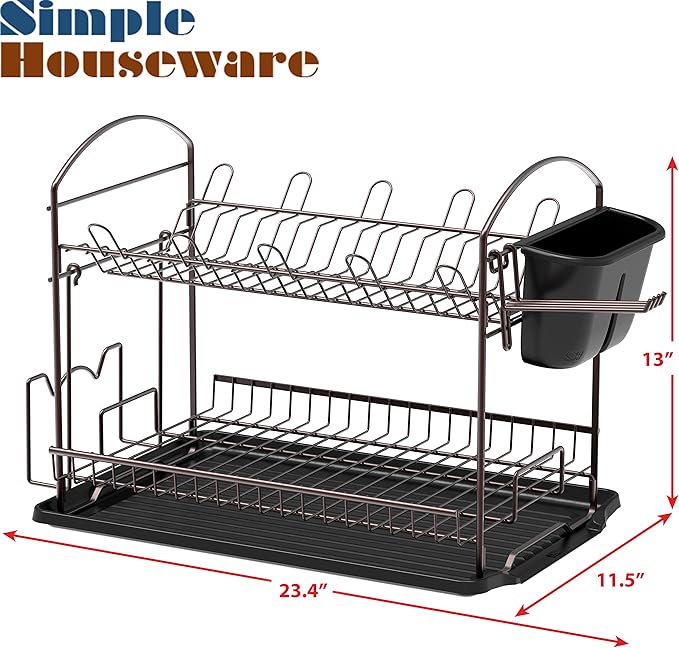 Simple Houseware 2-Tier Dish Rack with Drainboard, Bronze