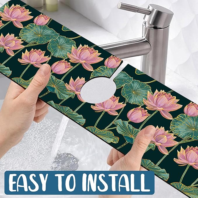 Lotus Pond Pattern Kitchen Sink Splash Guard Faucet Mat Lotus Flowers Leaves Super Absorbent Fast Drying Mat Sink Splash Guard Behind Faucet for Kitchen Bathroom, 23.5"x5.5"