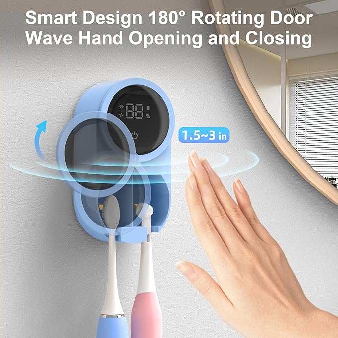Biodzzs Toothbrush Holder and Cleaner for Bathroom Light Cleaning Fan Drying Round in Circle Automatic Rotating Cover Wall Mounted Smart Home Gadgets (02 Blue)