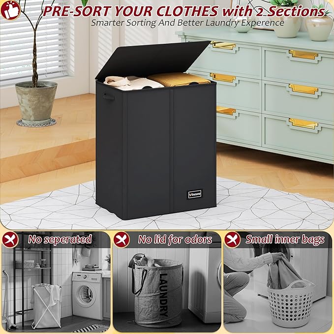 150L Laundry Hamper 2 Section, Large Laundry Hamper with Lid, Dirty Clothes Hamper with 2 Removable Inner Bags, Collapsible Laundry Basket Organizer for for Clothes Toys Towels, Hamper 2 Compartment