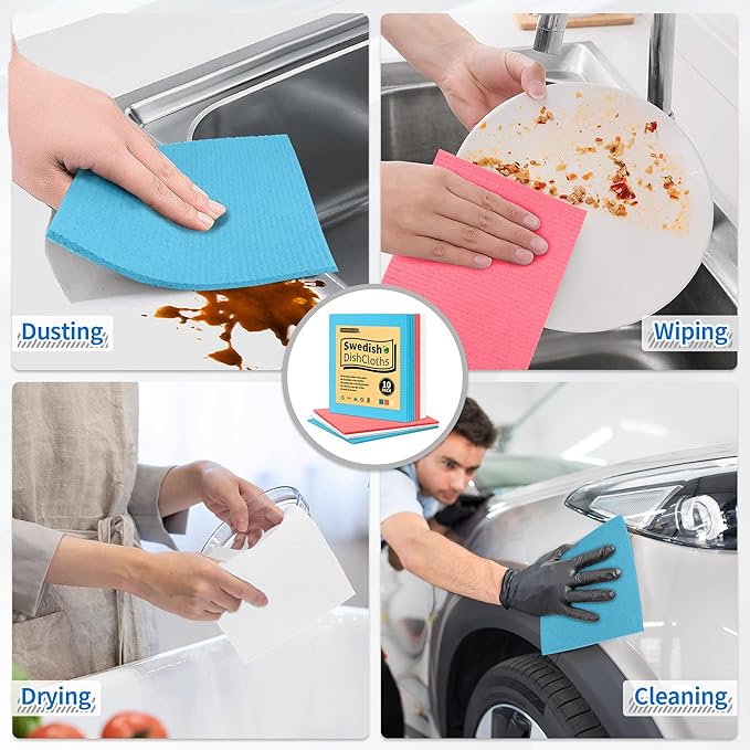 HOMERHYME Swedish Dishcloths, 10 Pack Kitchen Towels Dish Rags, Absorbent Swedish Dish Towels for Kitchen, Non-Scratch Cellulose Sponge Cloths, Biodegradable Washable Reusable Paper Towels, Assorted