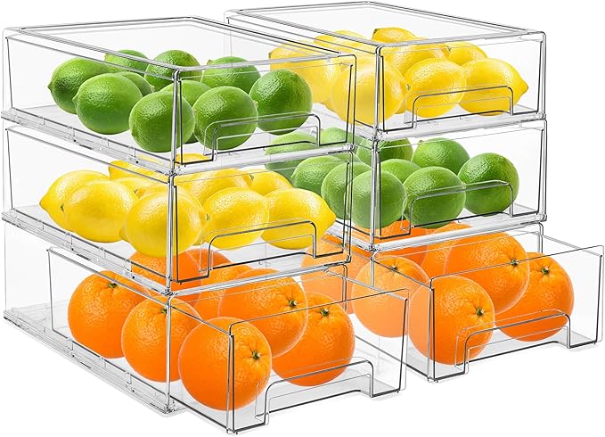 Sorbus Medium Clear Storage Drawers (6 Pack) – Stackable Organizer Drawers for Fridge, Pantry, Kitchen – Pull-Out Storage Bins with Handles, Slide Out Acrylic Drawers